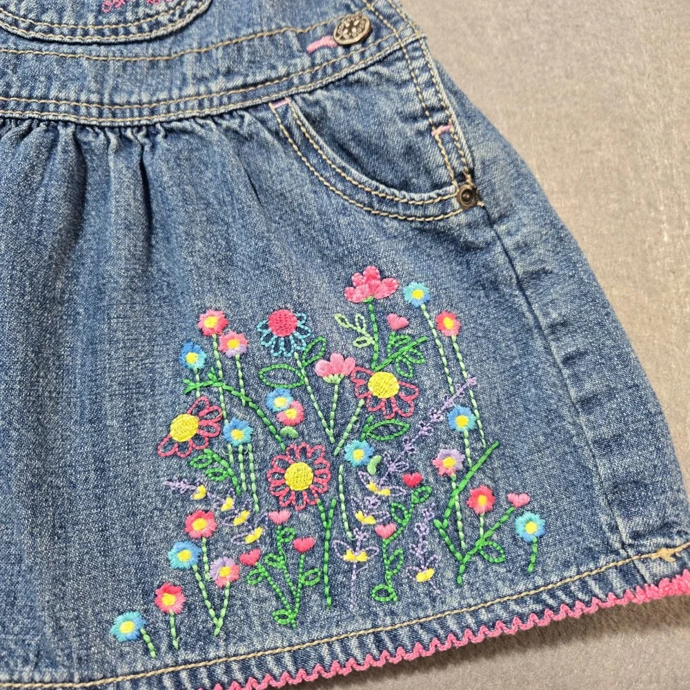 OshKosh B'gosh Baby Girls Blue Denim Floral Embroidered Jumper Dress 18 Months